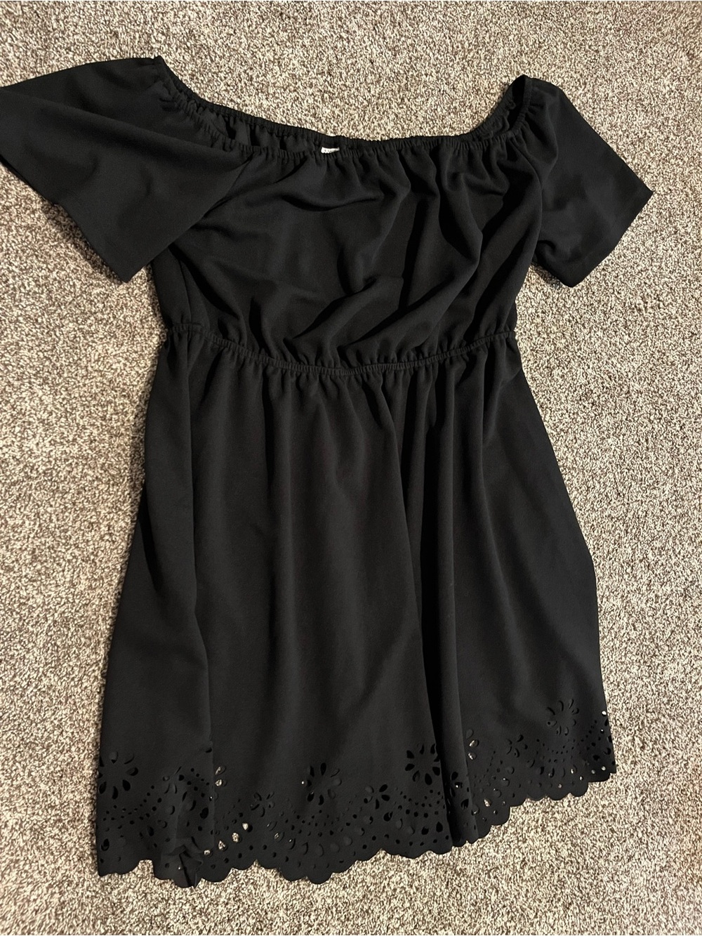 Black Off-Shoulder Eyelet Hem Dress
